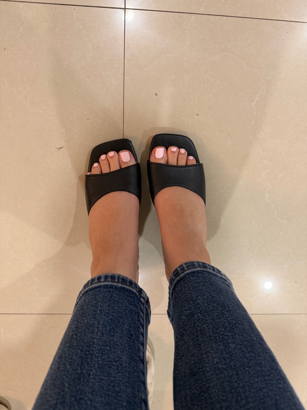 a new day Black Leather Square-Toe Slide Mules